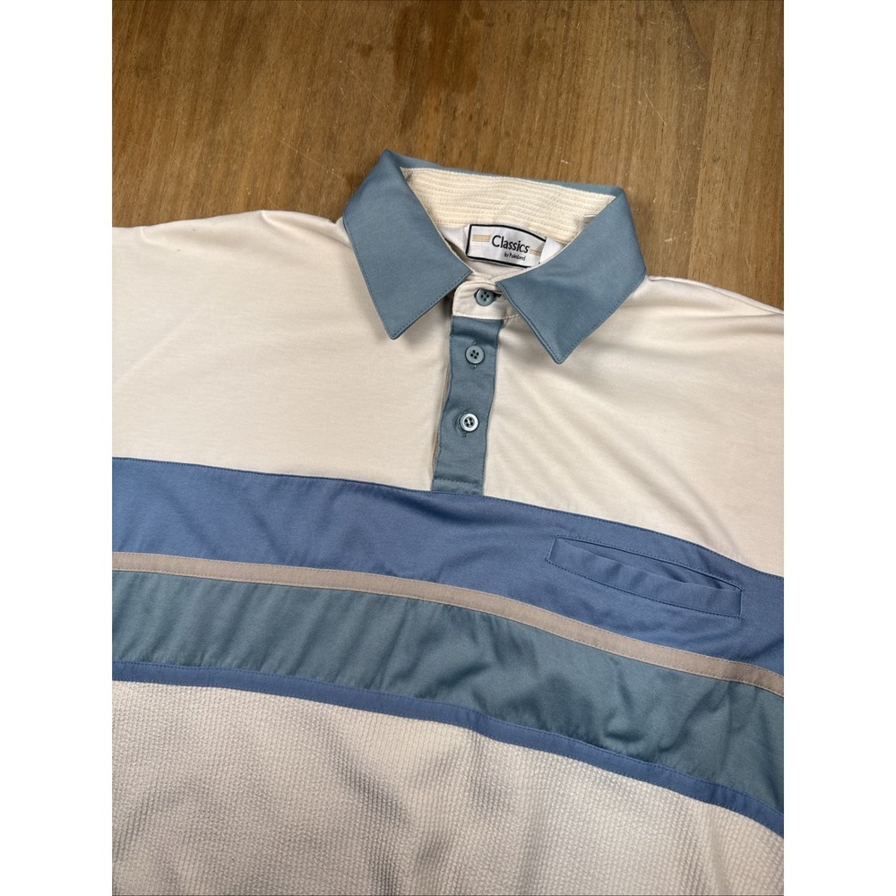 VTG Classics by‎ Palmland Short Sleeve Polo Men L Ivory/Blue 80's Grandpa Banded